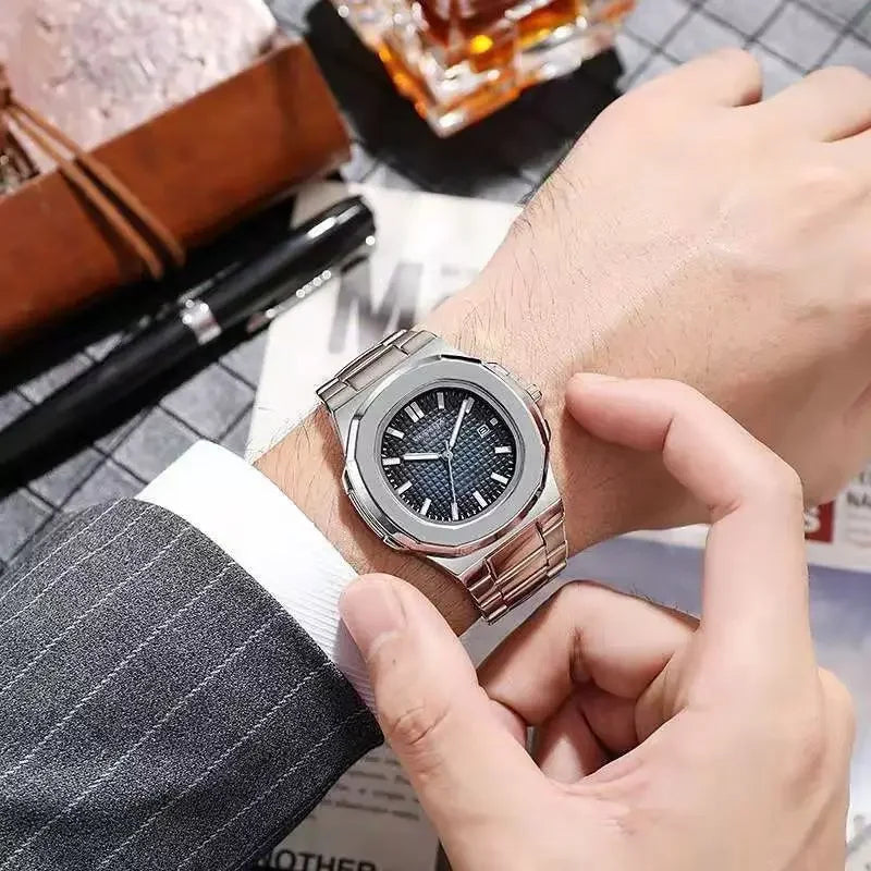 2024 Luxury Fashion Casual Men Watches Big Dial Silver Stainless Steel Calendar Quartz Wristwatch Classic Top Brand Male Clock