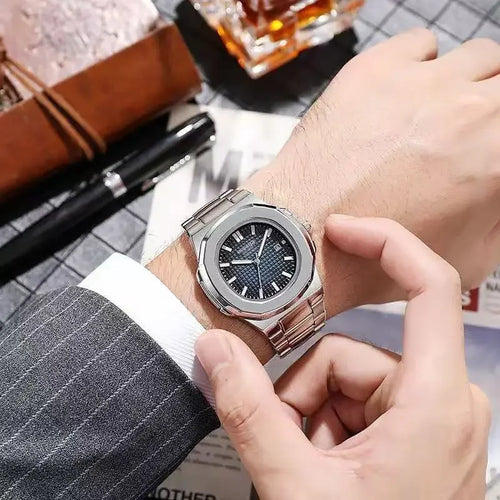 2024 Luxury Fashion Casual Men Watches Big Dial Silver Stainless Steel Calendar Quartz Wristwatch Classic Top Brand Male Clock