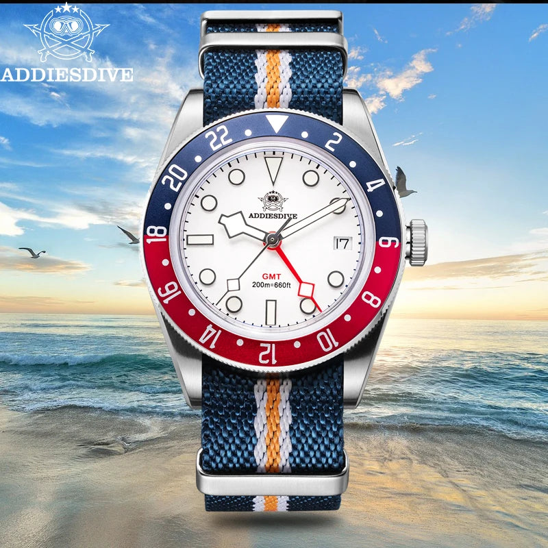 ADDIESDIVE Luxury GMT515-24H Men's Watch Diver 200m Bubble Mirror Glass BGW9 Super Luminous Stainless Steel Men's Analog Watches